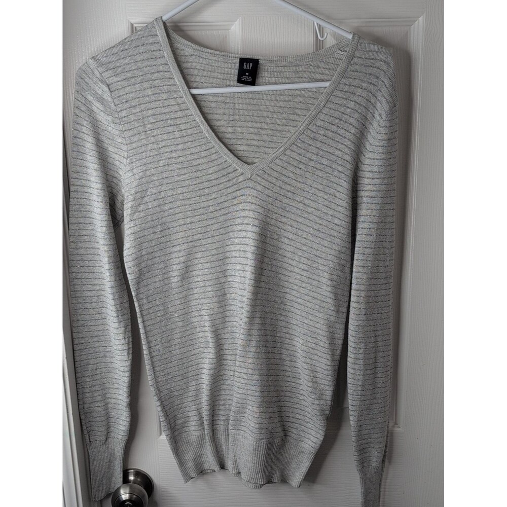 GAP Y2K Light Gray V-Neck Striped Knit Sweater Silver Metallic Threads Size M